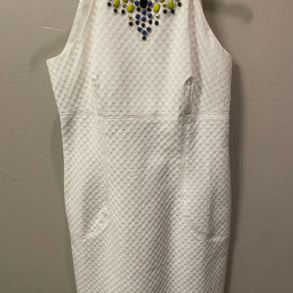 Laundry By Shelli Segal White and Yellow Embellished Halter Sheath Midi Dress